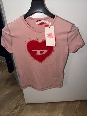 Diesel Pink Short-Sleeve Tee with Red Heart Logo